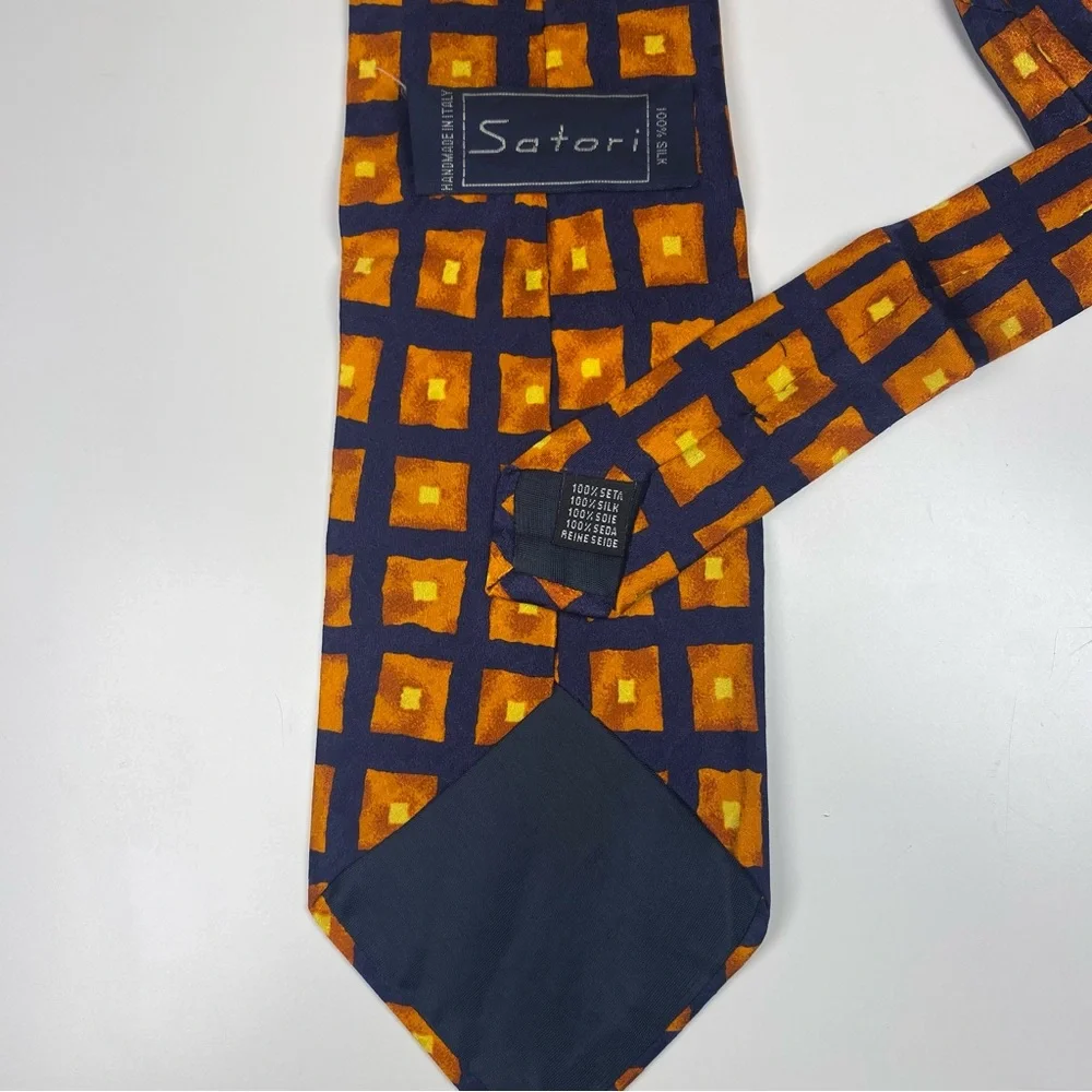 Orange &‎ Navy Geometric Satori 100% Silk Men's Tie
